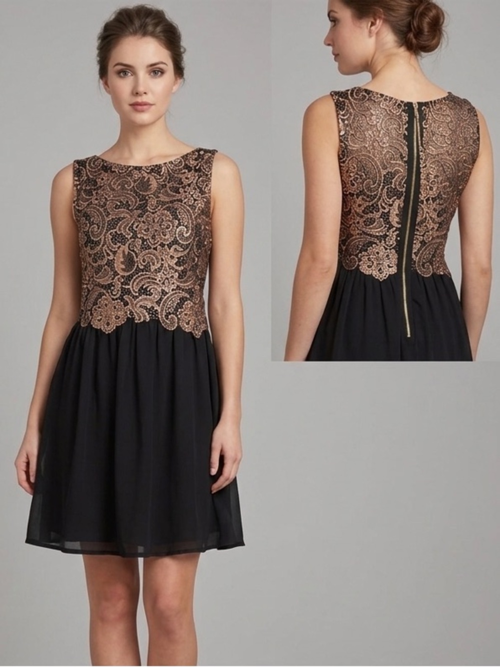 Angeleye London black dress with rose gold overlay& exposed back zipper Size S